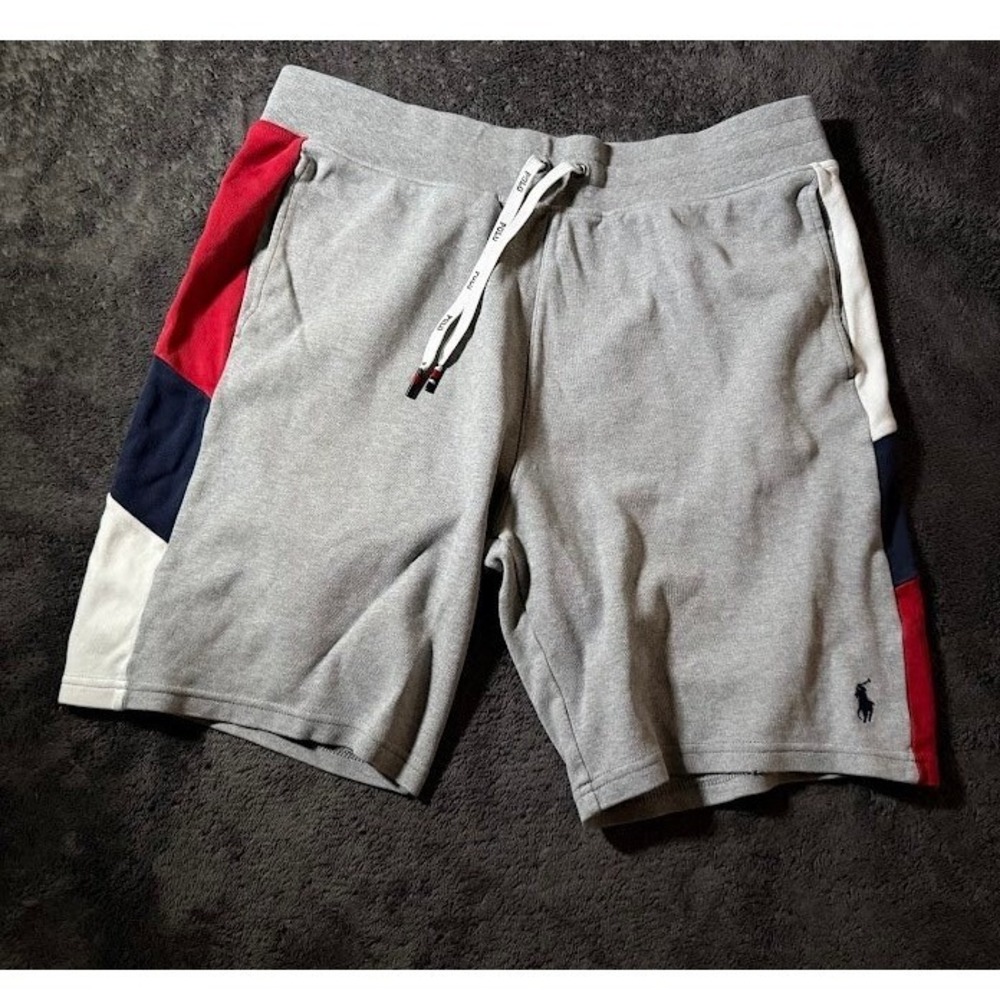 Polo Ralph Lauren Mens Gray Fleece Shorts Colorblock Side Stripe Size Large 32X9